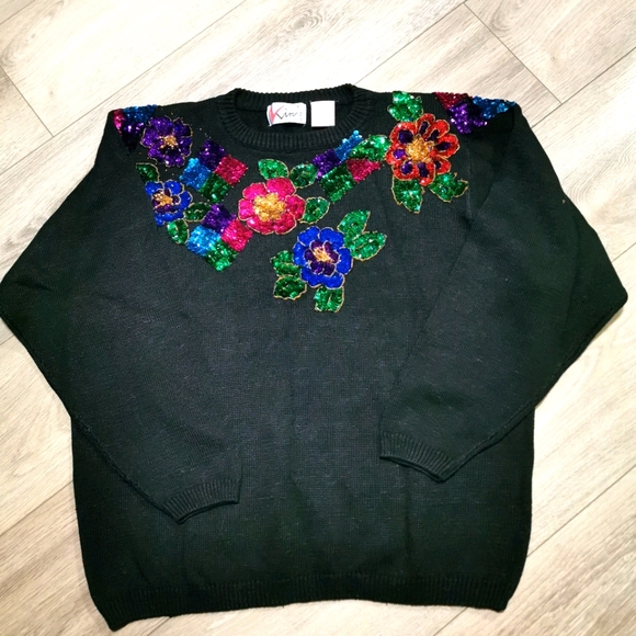 Vintage 80's Floral Embroidered Sequin Sweater - Picture 4 of 6